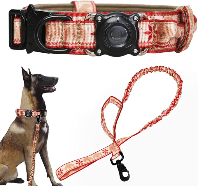 Christmas Tactical Dog Collar and Leash Set with Airtag Holder Waterproof Dog Airtag Collar with Handle Adjustable Heavy Duty Dog Collar Leash Set(Christmas Red，M