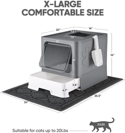 Cat Litter Box with X-Large Litter Mat and Scoop, Large Covered Litter Box with Lid, Enclosed Kitty Box,Front Top Entry Exit, Odor Control Easy to Clean (Upgrade Dark Grey)