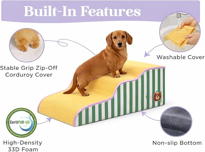 Dog Steps for Small Dogs, Dog Stairs for Bed, Curved Pet Stairs for Puppy and Cat, Doggie Ladder with Washable Cover, Pet Ramp for Sofa, Non-Slip Pet Stairs for Indoor Use(3 Step)