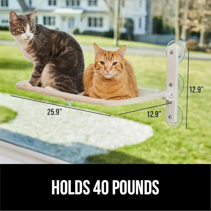GORILLA GRIP Cat Window Perch, Foldable Cat Window Hammock Bed with 6 Large Suction Cups, Cordless Indoor Wall Shelves, Strong Metal Frame Holds 40lbs, Reversible Washable Sherpa Cover, Large Beige