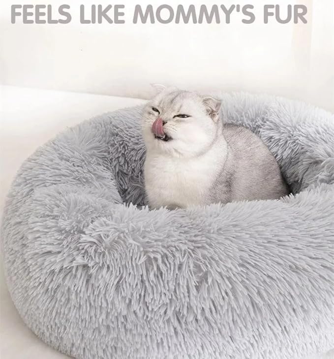 Cat Beds for Indoor Cats - Cat Bed Washable 20 inches, Dog Beds for Small Medium Dogs, Anti Anxiety Round Fluffy Plush Faux Fur Pet Bed, Thick Bottom (Light Grey, Medium)