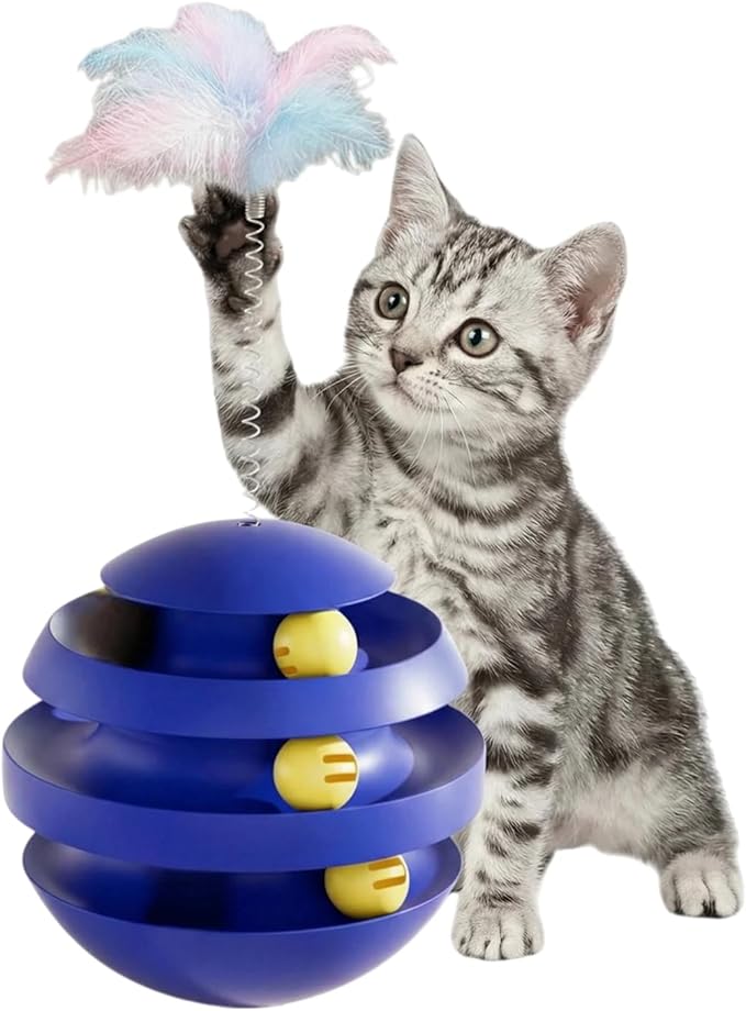 Interactive Cat Toy for Indoor Cats, 3-Layer Ball Track with Tumbler Base & Feather, Self-Play Kitten Toy to Reduce Boredom & Anxiety, Durable Interactive Pet Toy for Kittens and Adult Cats(Blue)