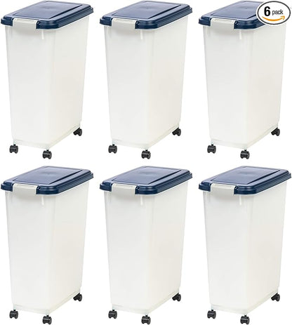IRIS USA Airtight Dog Food Storage Container, Up to 38 lbs, Attachable Wheels, For Dog Cat Bird and Other Pet Food Storage Bin, Keep Fresh, Easy Mobility, BPA Free, Navy/Pearl, 6 Pack
