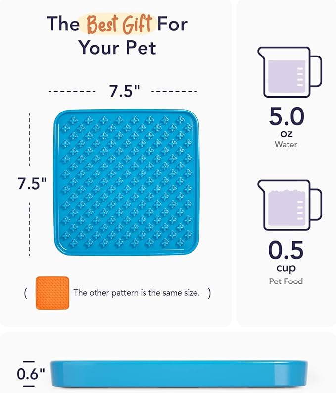 LE TAUCI PET Slow Feeder Dog Bowl, 7.5 Inch Lick Mat for Medium and Large Breed, Anxiety Relief Licking Mat, Puzzle Feeder for Peanut Butter, Treats, Pet Enrichment Toys, Set of 2, Blue and Orange