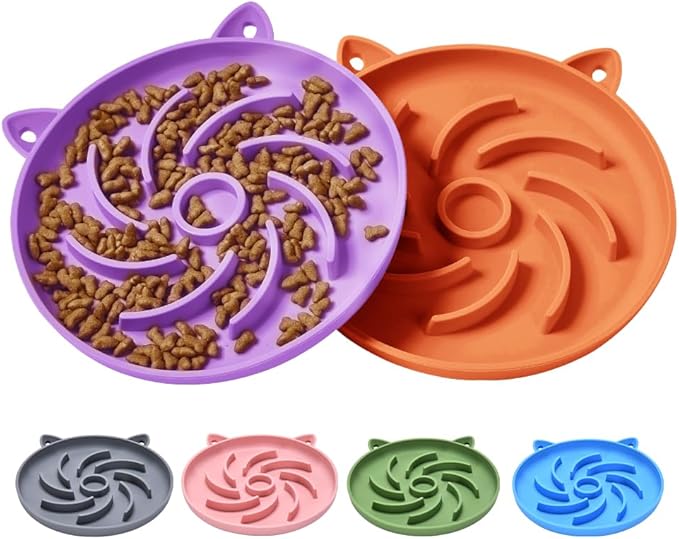 2Pcs Slow Feeder Cat Bowl,Puzzle Feeder,Interactive Toys,Slow Feeding cat Bowl Suitable for All Dry and Wet Foods,Easy to Clean Silicone Bowls (Orange and Purple)