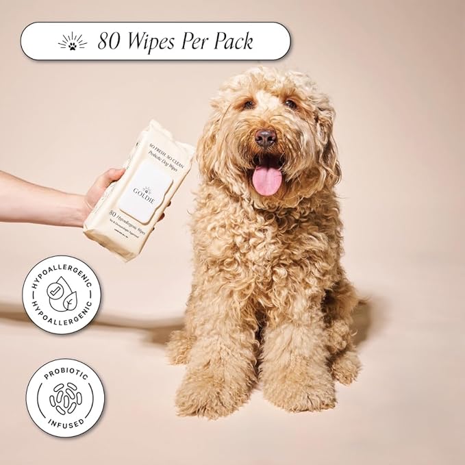 Goldie Dog Essentials Probiotic & Colloidal Oatmeal Dog Wipes for Paws, Skin Folds, Body & Bottom, Hypoallergenic, Fragrance-Free & Unscented, Plant-Based Dog Wipes, 80 Count