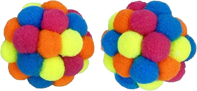 MULTIPETPom Pom Ball with Rattle 2pk. Assorted Colors Bright and Primary Size 2" Cat Toy Pack of 1