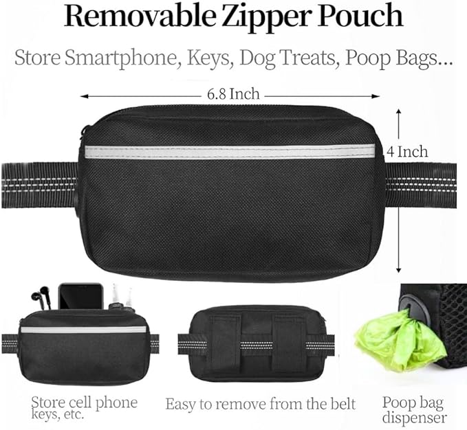 Hands Free Dog Leash with Zipper Pouch, Dual Padded Handles & Durable Bungee Dog Leash for Walking, Jogging, Running and Hiking