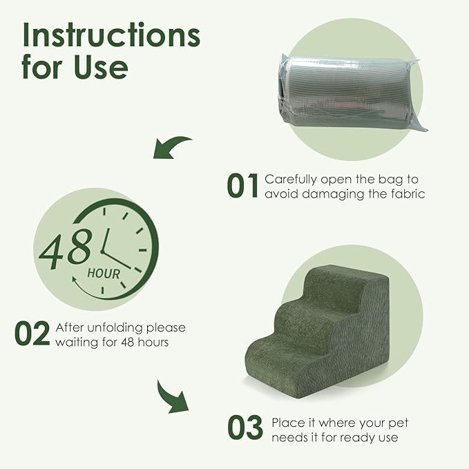 Dog Stairs for Bed 15" H, 3-Step Dog Ramp for Aged and Injured Dogs, Up to 50 Lbs Foam Pet Stairs for Small Dogs and Cats to Get on Couch or Chair, Non-Slip, Steady, Washable Cover, Green