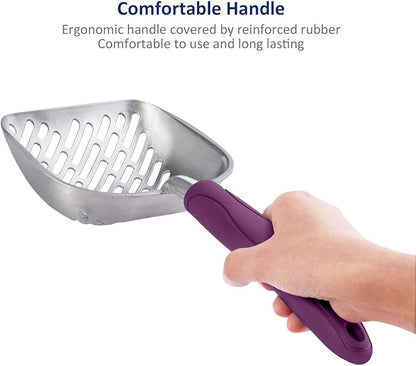 WePet Cat Litter Scoop, Aluminum Alloy Sifter, Kitty Metal Scooper, Deep Shovel with Diagonal Sifting Hole, Long Handle, Kitten Poop Lifter for Litter Box, Large Size, Violet Handle