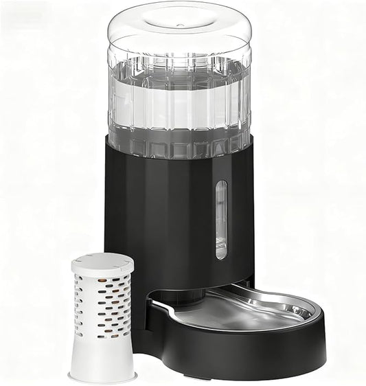 CZPET Automatic 4L Filter Dog and Cat Water Dispenser with Stainless Steel Bowl Gravity Waterer,Large Capacity and Drinking Area Noise-Free for Pets (Black)