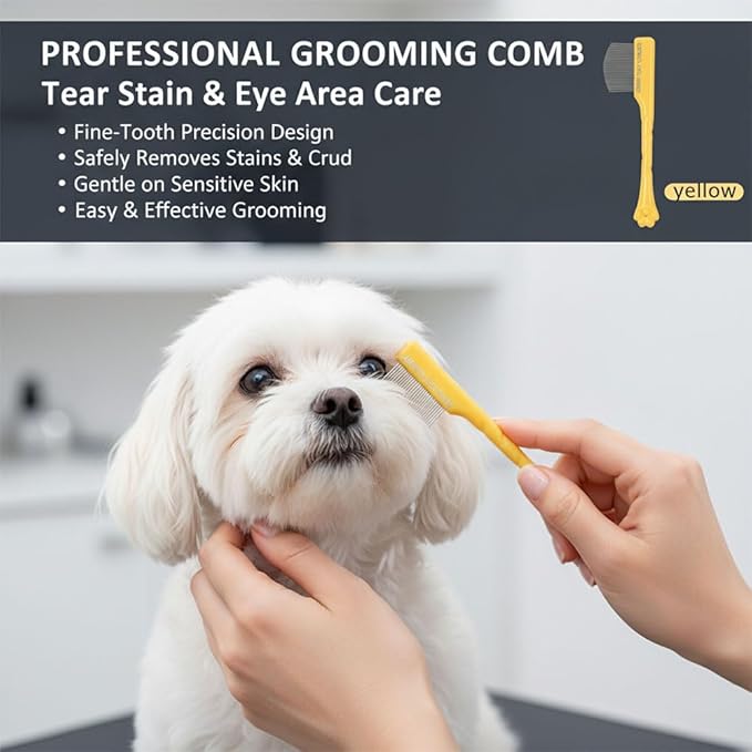 Pet Grooming Set, Yellow, Tear Stain Removal Comb with Knife Tool, Rounded Tips for Dogs and Cats, Daily Use,2pack