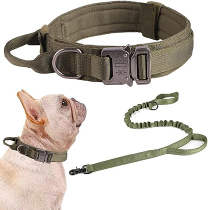 Xqpetlihai Tactical Dog Collar and Leash Set Adjustable Military Nylon Dog Collar with Control Handle and Heavy Duty Metal Buckle for Large Dogs（Green S