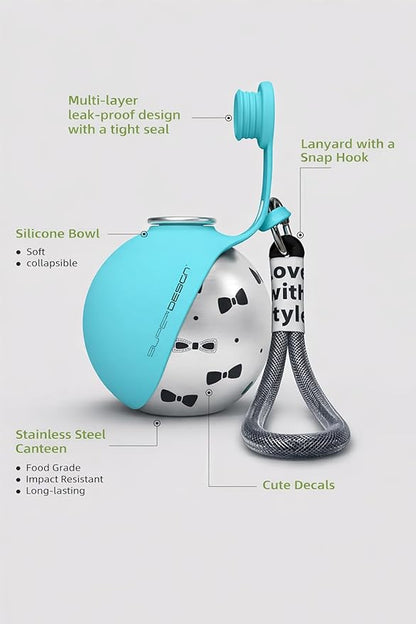 2-in-1 Dog Water Bottle & Bowl: Round Stainless Steel Portable Dog Bottle Water Dispenser for Small Dogs, Walking & Hiking(10oz/285ml)