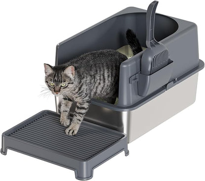 High-Sided Stainless Steel Cat Litter Box,Stainless Steel Litter Box with Lid,Extra Large Cat Toilet,Easy-to-Clean Metal Litter Pan for Cats (20''L X 14''W X 12''H with Scoop&mat)