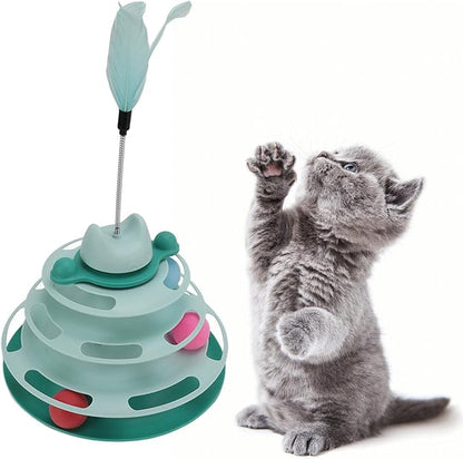 Cat Turntable Ball Toy, 4 Level Interactive Kitten Track Roller Exercise Toy with Feather Stick, Cats Toys Tower Cat Puzzle Toy Suitable for Interactive Kittens Chase Exercise