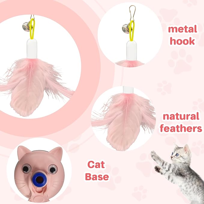 Walfront Indoor Interactive Cat Toy Wand with 4PCS Feather Attachments & Suction Base - 2 Play Modes, Solo Play & Owner Interaction, Boost Jumping & Hunting Skills, Fun & Engaging for Cats