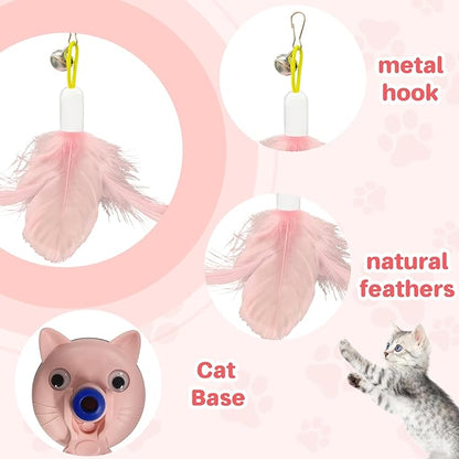 Walfront Indoor Interactive Cat Toy Wand with 4PCS Feather Attachments & Suction Base - 2 Play Modes, Solo Play & Owner Interaction, Boost Jumping & Hunting Skills, Fun & Engaging for Cats