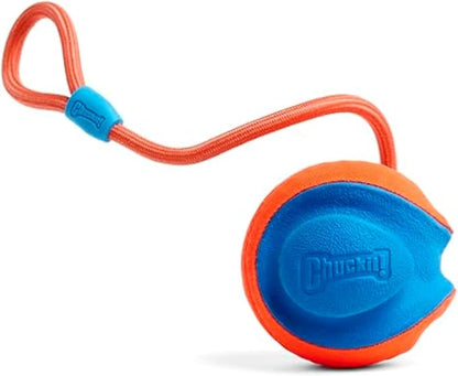 Chuckit! Rope Fetch Dog Toy - Ball on Rope Fetch and Tug-of-War Toy for Dogs - Durable EVA Rubber Construction - 5.5-inch Diameter - 18-inch Rοpe - Orange and Blue
