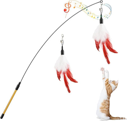 Pawaboo Feather Teaser Cat Toy - Interactive Wand with Extra Long 34.5" Wand and Small Bell, Exerciser Playing Toy for Kittens or Cats, Wine Red & White Feather