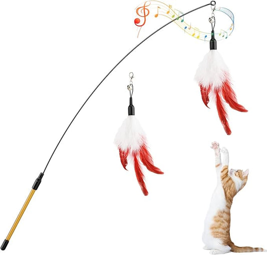 Pawaboo Feather Teaser Cat Toy - Interactive Wand with Extra Long 34.5" Wand and Small Bell, Exerciser Playing Toy for Kittens or Cats, Wine Red & White Feather