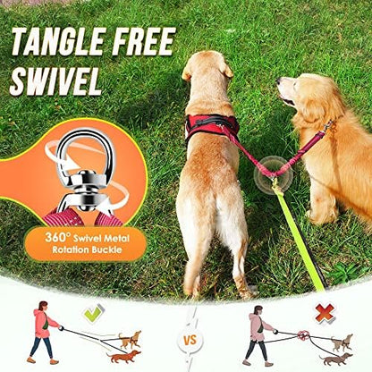 AUTOWT Double Dog Leash, No Tangle 360°Swivel Rotation Reflective Lead Attachment Adjustable Length Dual Two Dogs Lead Splitter, Comfortable Shock Absorbing Walking Training for 2 Dogs - Image 2