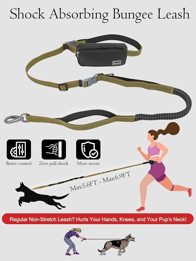 Hands Free Dog Leash with Zipper Pouch & Waist Belt – Reflective Durable Bungee Leash with Dual Padded Handles for Walking, Jogging & Running, Fits Small to Large Dogs (Yellow)