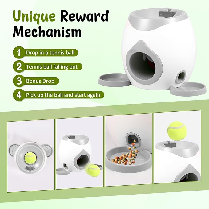 Dog Ball Launcher, Interactive Dog Training Toy, Tennis Ball Reward Machine with Automatic Treat Dispenser, Puppy Balls Thrower Machine, Training Automatic Feeder for Small and Medium Dogs (Gray)