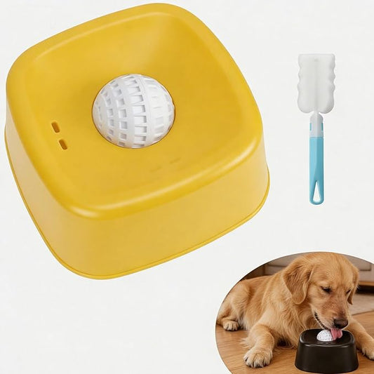 Lick and Roll Slow Feeder Bowl for Dogs, Food-Grade Rubber, Interactive Treat Feeding, Anti-Slip, Built-in Ball Roller, for Small, Medium and Large Breeds (Yellow)