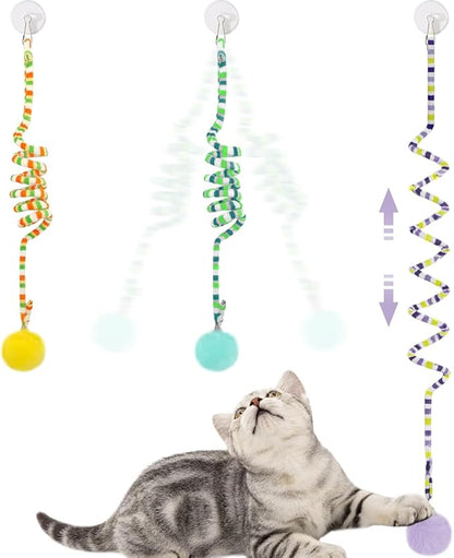La La Pet®Retractable Cat Teaser Toy Cat Toys for Indoor Self Play 3 Pack Interactive Cat Feather Toy Hanging Spring Cat Toys Cat Teaser Suction Cup with Bell and Plush Ball Kitten Exercise Toys