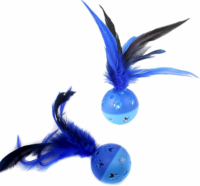 BeeSpring Cat Balls Interactive Cat Toy Feather Balls with Loud Bell Inside (2Pcs Blue)