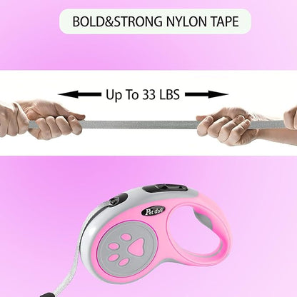 Retractable Dog Leash, VELIGOOD 5M/16FT Extendable Dog Lead with Strong Nylon Tape Tangle-Free One-Handed Brake, Pause, Lock for Small Medium Dogs (Pink)