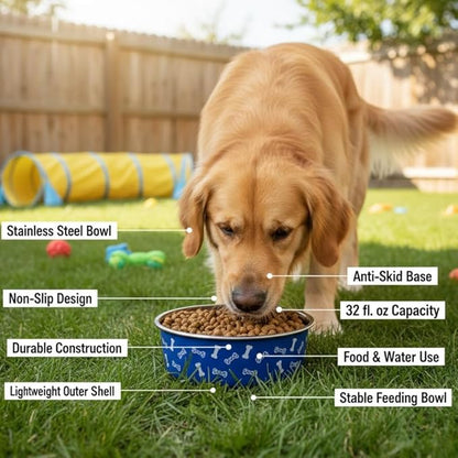 Anti-Skid Stainless Steel Dog Bowl with Anti-Skid Base, 32 fl oz | Food & Water Bowl for Small Dogs, Puppies & Cats, | Durable Pet Bowl, Blue Bone Print