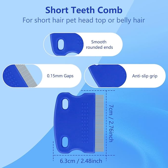 4-in-1 Pet Comb Set: Flea Lice Comb for Cats & Dogs, 4 Styles, All Hair Types, Blue
