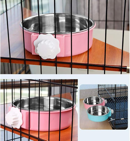 Crate Dog Bowl, Removable Stainless Steel Water Food Feeder Bowls Hanging Pet Cage Bowl Cage Coop Cup for Dogs Cats Puppy Rabbits Bird and Small Pets (Large (Pack of 2), Round (Blue+Green))