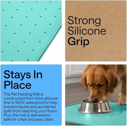 GORILLA GRIP 100% Waterproof Raised Edge BPA Free Silicone Pet Feeding Mat, Dog Cat Food Mats Contain Spills Protects Floors, Placemats for Cats and Dogs Water Bowl, Pets Accessories 16x10, Turquoise