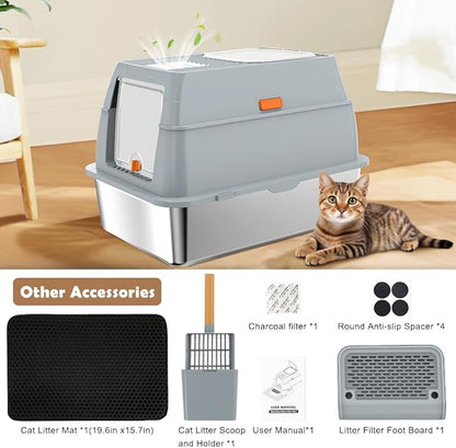 Vivifying Stainless Steel Litter Box with Lid, XL Front Entry Enclosed Extra Large Litter Box for Big Cats & Kitty, Top Exit Metal Cat Pan with Scoop, Mat, Trapping Step, Charcoal Filter (Gray)