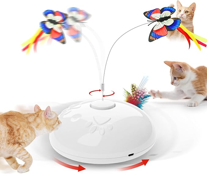 Cat Toy, Interactive 3 in 1 Moving Cat Toys with Butterfly, Feather, LED Light, Rechargeable, Automatic Sensing Kitty Teaser Wand (White)