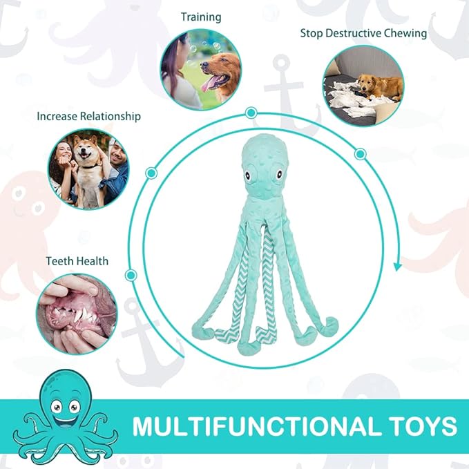 EXPAWLORER Octopus Dog Toy - Long Dog Squeaky Toys Puppy Birthday Gift Soft Stuffed Chew Toy, Crinkle Paper and Built-in Squeaker Durable Interactive Plush Toy for Small Medium Large Dogs, Green