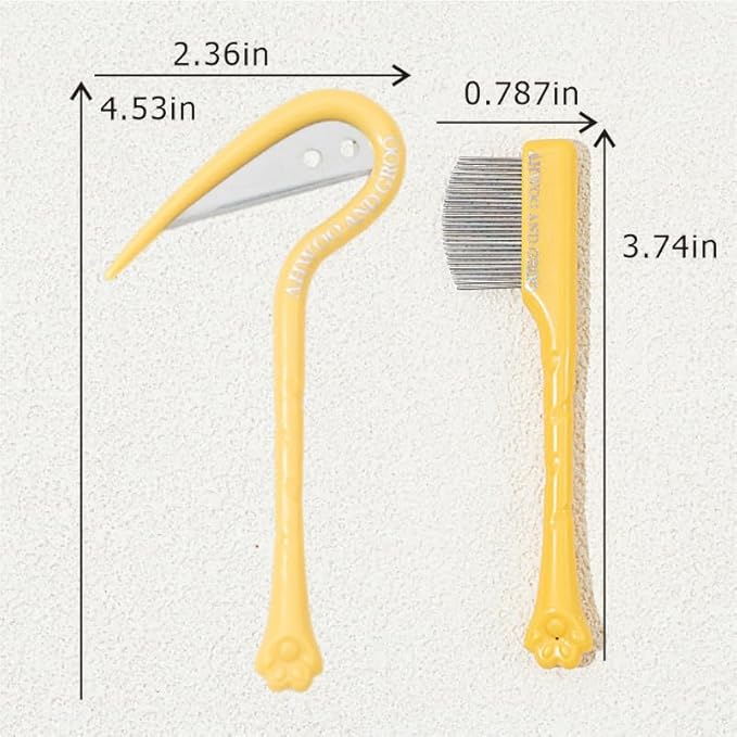 Pet Grooming Set, Yellow, Tear Stain Removal Comb with Knife Tool, Rounded Tips for Dogs and Cats, Daily Use,2pack