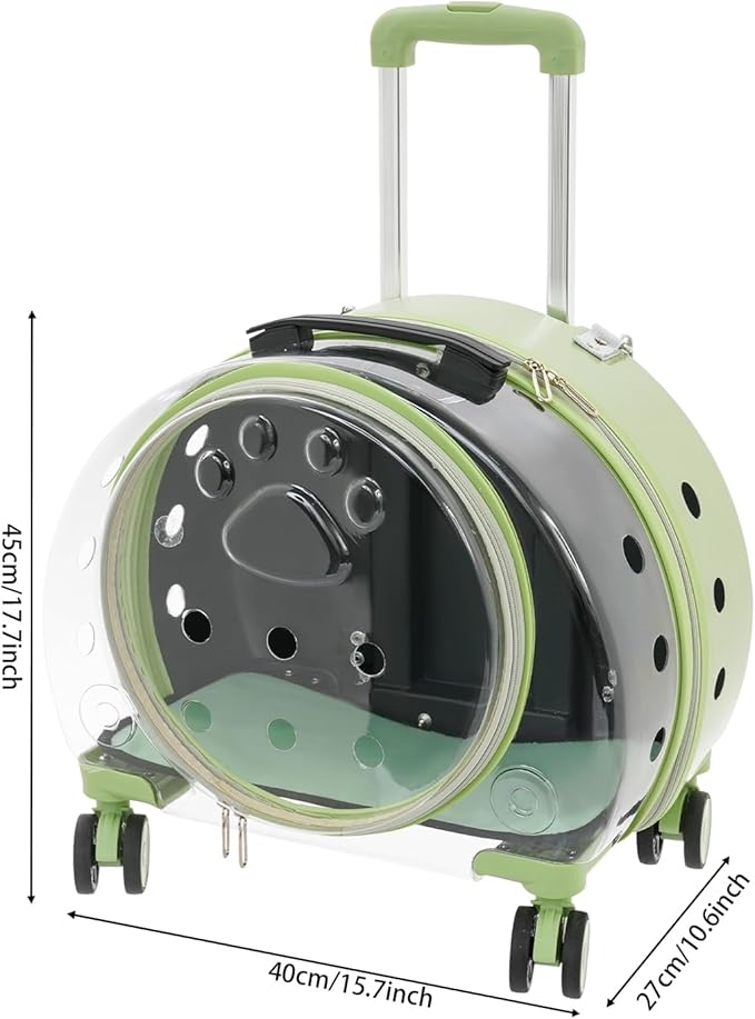 Transparent Bubble Pet Carrier with Wheels, Breathable Cat Dog Travel Carrier with 3-Stage Handle & Removable Strap, Portable Trolley Case with Ventilation for Small Dogs & Cats (Green)
