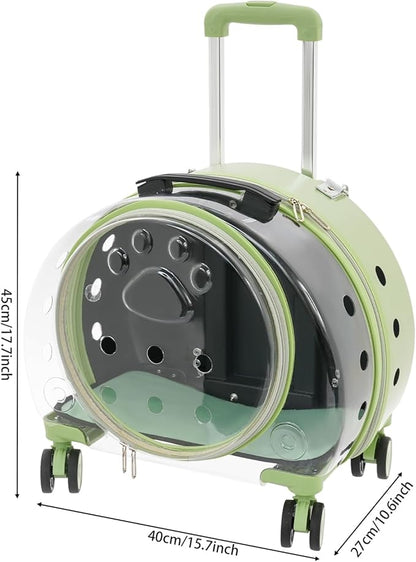 Transparent Bubble Pet Carrier with Wheels, Breathable Cat Dog Travel Carrier with 3-Stage Handle & Removable Strap, Portable Trolley Case with Ventilation for Small Dogs & Cats (Green)