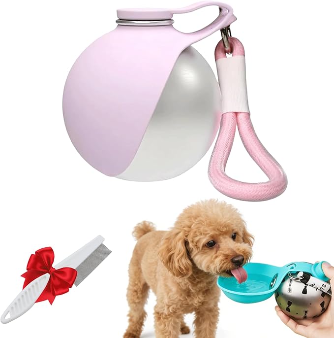 Portable Dog Water Ball - 2-in-1 Portable Dog Water Bottle and Bowl for Small Dogs, Portable, Leak-Proof & Perfect for Travel, 304 Stainless Steel, Suitable for Walks and Hik (Pink)