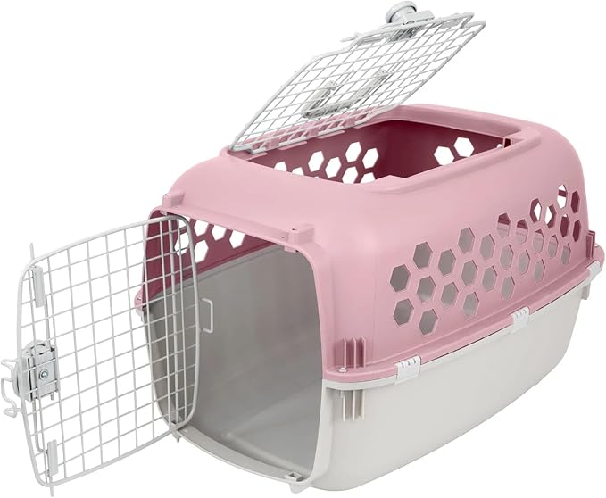 Pink Durable Plastic Dog & Cat Kennel with Two Door Openings, Indoor & Travel Pet Cage for Small Dogs & Cats, Maximum Pet Weight 30 lbs, 24" L x 16.5" W x 14.5" H