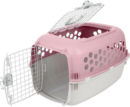 Pink Durable Plastic Dog & Cat Kennel with Two Door Openings, Indoor & Travel Pet Cage for Small Dogs & Cats, Maximum Pet Weight 30 lbs, 24" L x 16.5" W x 14.5" H