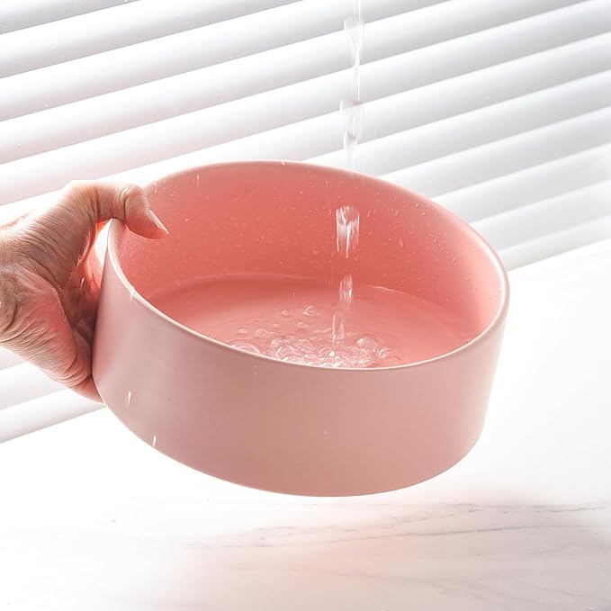 8'' Ceramic Raised Dog Bowl - 70Oz Dog Food & Water Bowl with Elevated Non-Slip Bamboo Stand, Dishwasher & Microwave Safe, Anti Vomiting Heavy Duty Pet Bowl for Medium and Large Dogs, Pink