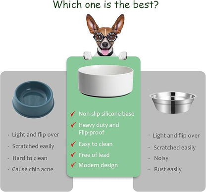Large Dog Bowls, Non Slip Heavy Ceramic Dog Food and Water Bowl with Silicone Base, 8" Pet Feeding Bowl for Small, Medium, and Big Dogs (White, 8 Inches)