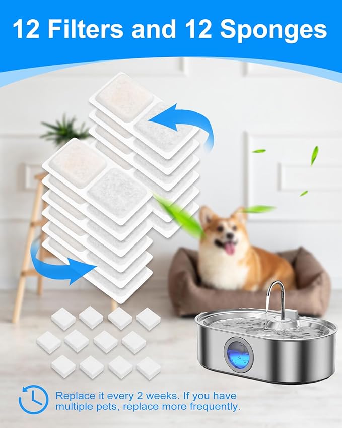 12+12 Pack Dog Water Bowl Filter Replacement for Large Dogs Compatible with ECOCONUT 3.4Gal/13L Pet Fountains, Carbon Filters and Sponge Filters for Dog Fountain Water Bowl, Pet Water Filter