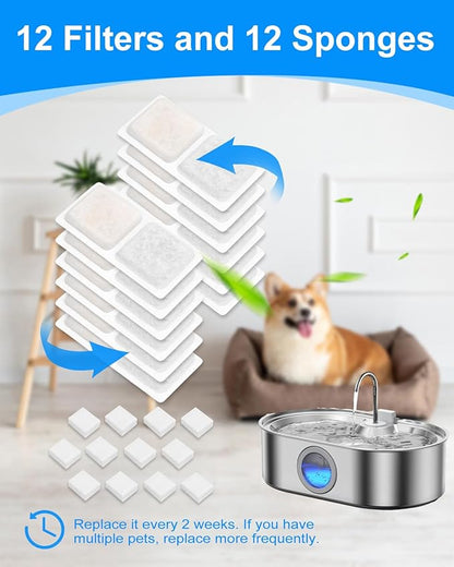 12+12 Pack Dog Water Bowl Filter Replacement for Large Dogs Compatible with ECOCONUT 3.4Gal/13L Pet Fountains, Carbon Filters and Sponge Filters for Dog Fountain Water Bowl, Pet Water Filter