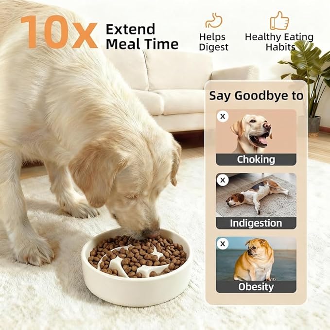Ceramic Slow Feeder Dog Bowls Small Breed, 0.6 Cups Slow Eating Dog Bowl, Anti-Gulping Puppy Food Bowl Reduce Choking, Puzzle Maze Design Pet Dishes for Fast Eaters, 6.3 inch - Beige